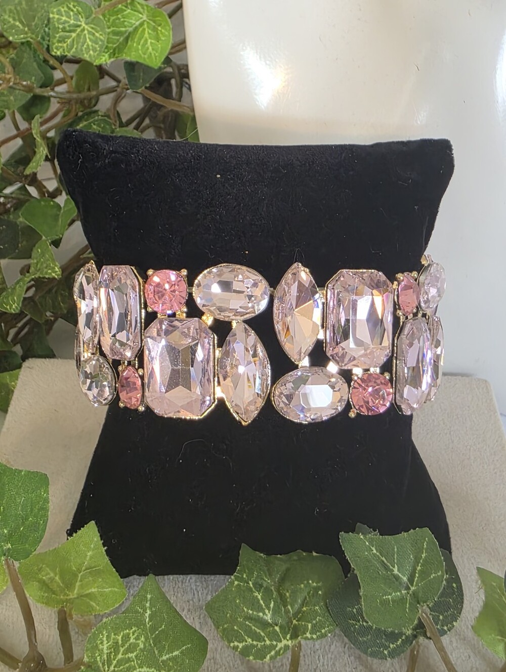 Pink Crystal Rhinestone Mixed Cut Multi-Gem Gold Tone Wide Stretch Cuff Bracelet